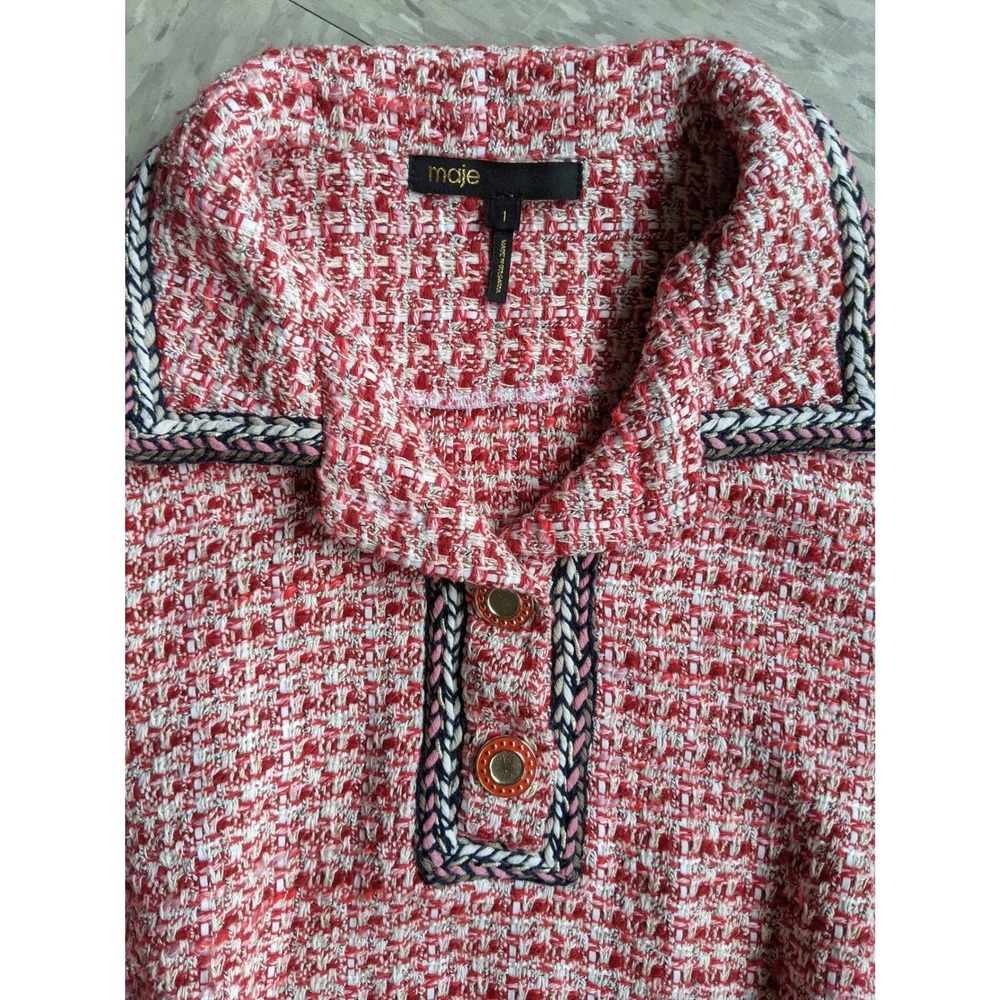 Maje Paris Red Tweed Metallic Knit Preppy Wear to Work Office Polo Crop Top Sz 1 - Picture 3 of 7